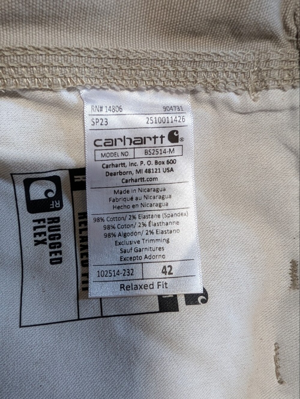 Carhartt Rugged Flex Relaxed Fit Tan Canvas Work Shorts Mens Size 42" NWT - Picture 5 of 8
